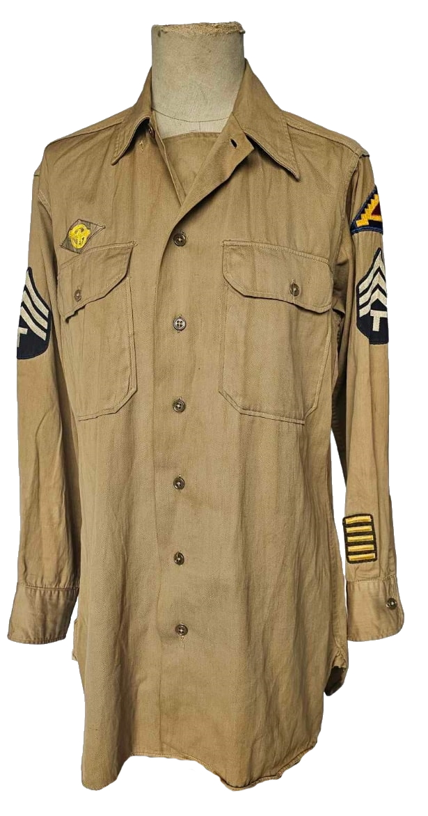 militaria : Chemise chino troupe US WW2 montée d'origine 7ème armée