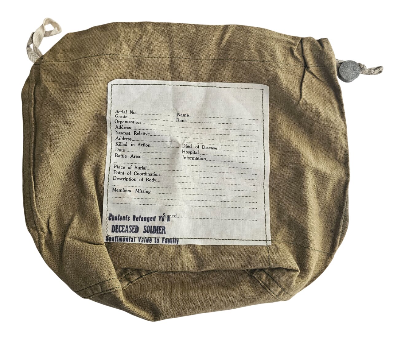 militaria : Sac effets personnels mortuaires US WW2