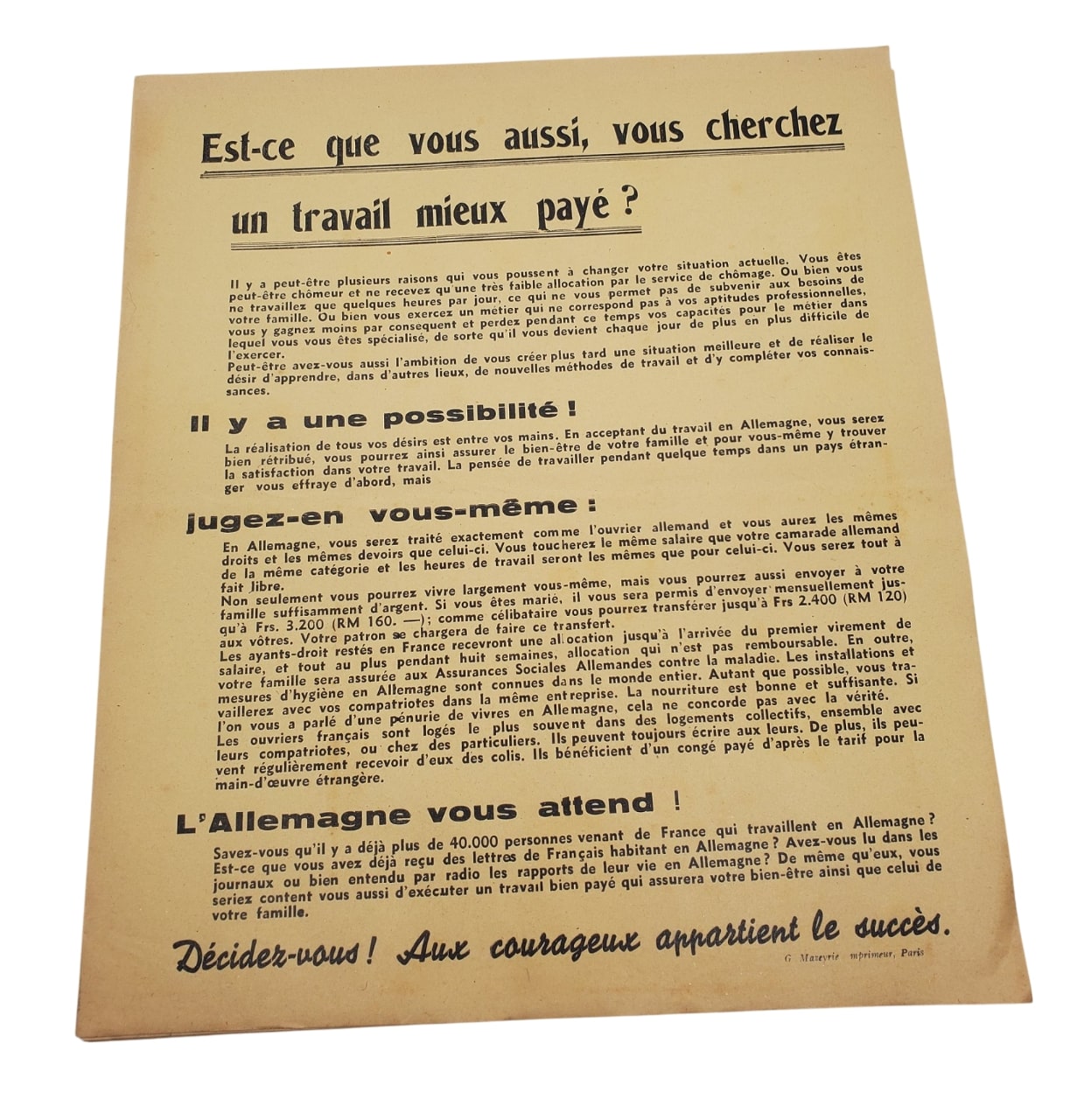 militaria : Papiers/affiches d'engagement dans le STO FRWW2