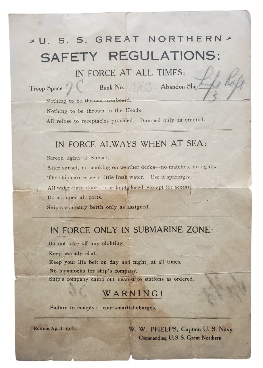 militaria : Document embarquement US WW1