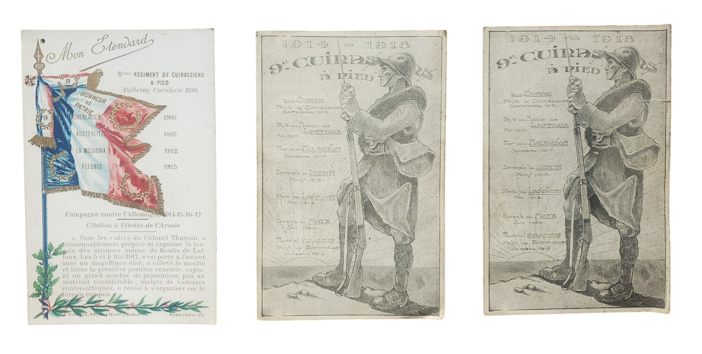 militaria : Lot 3 cartes postales 9ème régiment de cuirassiers à pied FR WW1