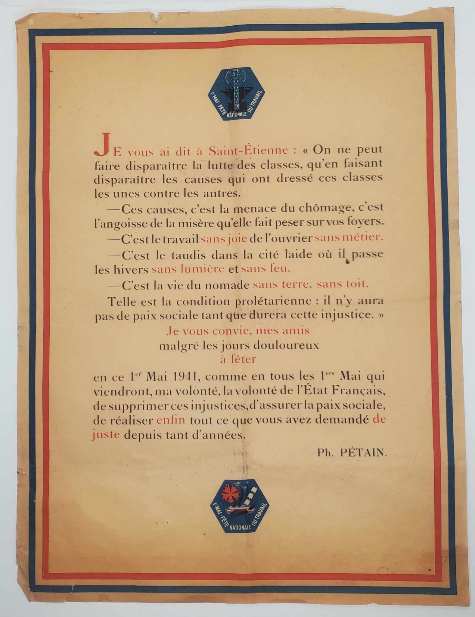 militaria : Affiche 1er mai Pétain gouvernement Vichy WW2